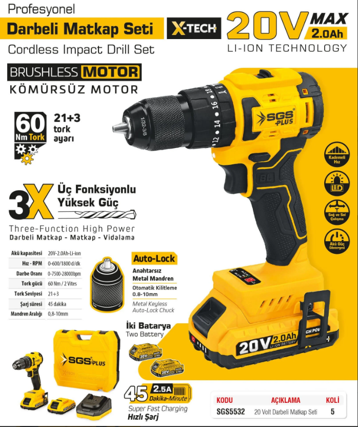 SGS5532 DARBELİ MATKAP SETİ 20 VOLT 60 NM